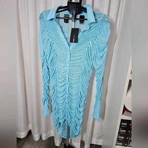Chic Blue Ruched Sheer Dress